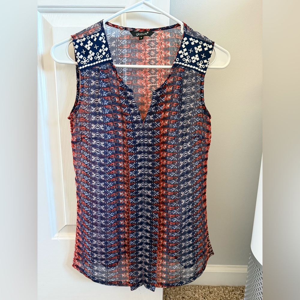 Chic Navy and Red Sleeveless Blouse